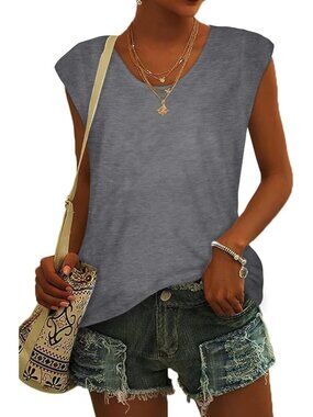 Women's Grey Tank Top Summer Cap Sleeve T Shirts V Neck Dressy Casual Loose Fit
